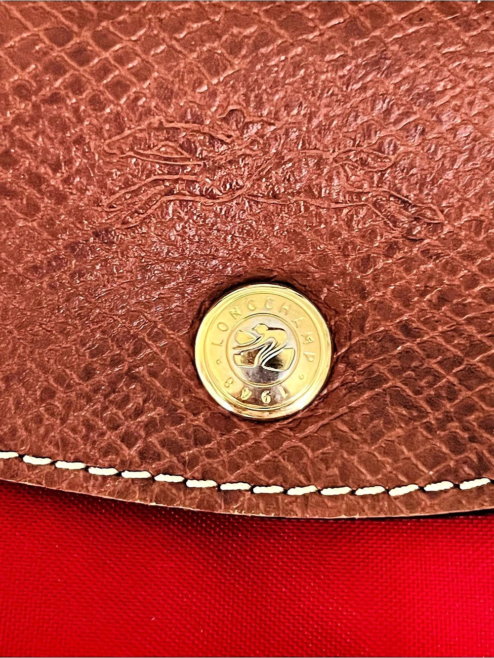 Longchamp Red Tote Bag – Brown Leather Trim – Spacious Everyday Bag - Picture 4 of 16